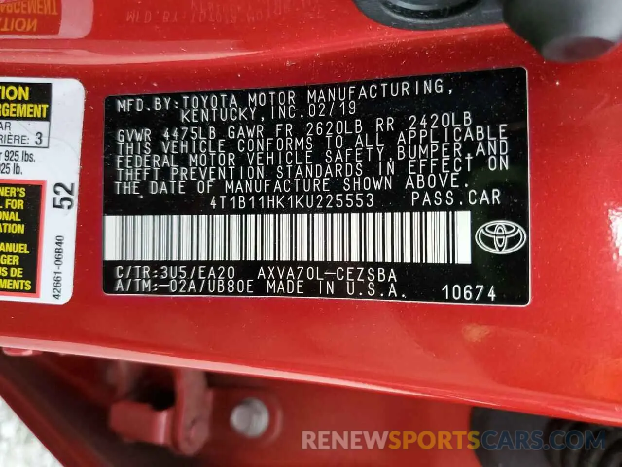 12 Photograph of a damaged car 4T1B11HK1KU225553 TOYOTA CAMRY 2019