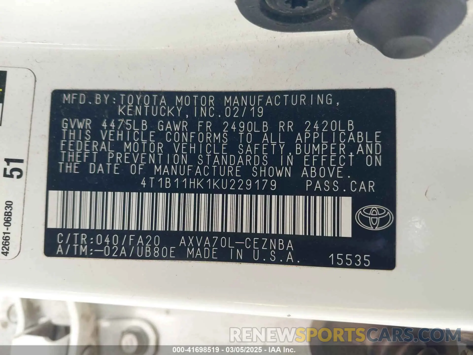 9 Photograph of a damaged car 4T1B11HK1KU229179 TOYOTA CAMRY 2019