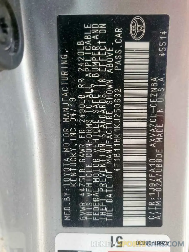 12 Photograph of a damaged car 4T1B11HK1KU250632 TOYOTA CAMRY 2019