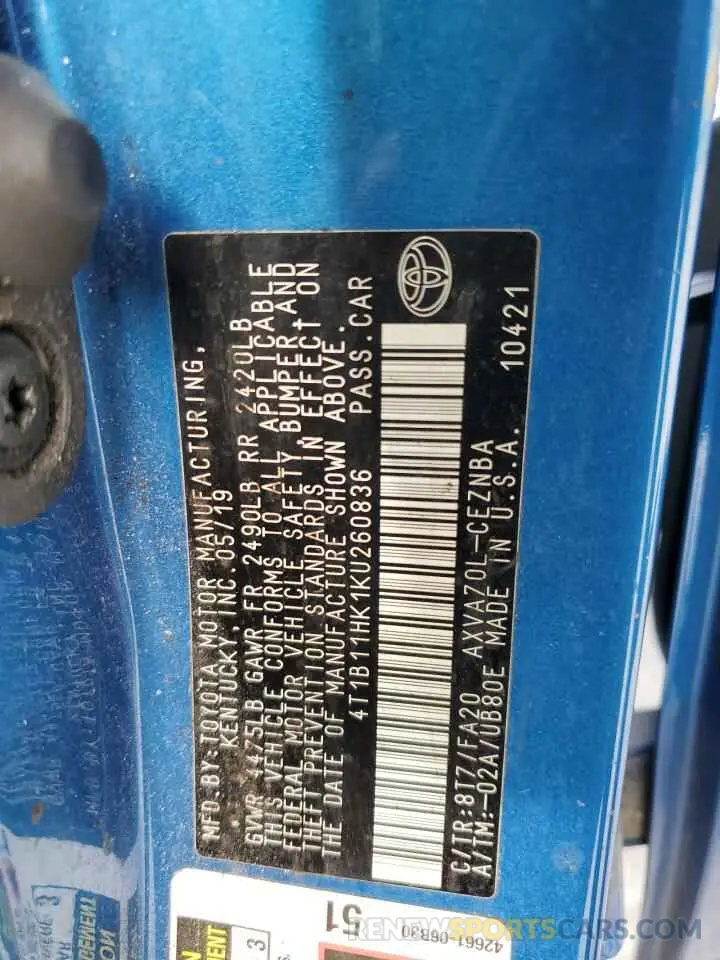 14 Photograph of a damaged car 4T1B11HK1KU260836 TOYOTA CAMRY 2019