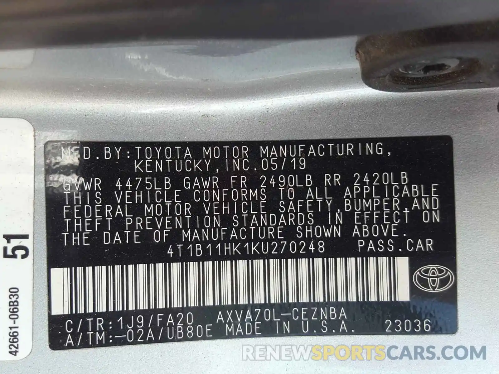 10 Photograph of a damaged car 4T1B11HK1KU270248 TOYOTA CAMRY 2019