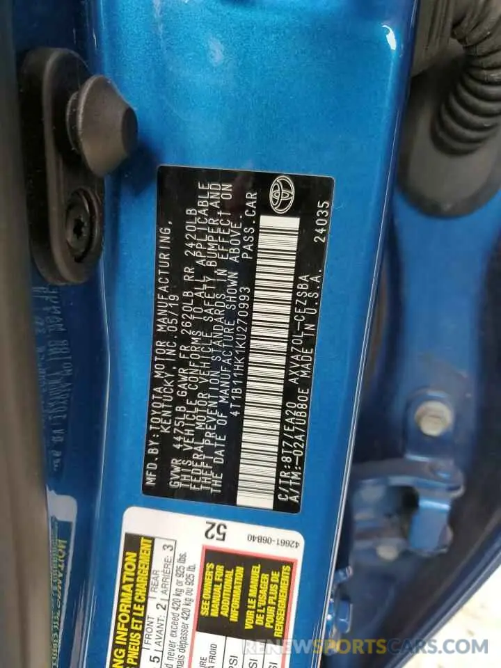 12 Photograph of a damaged car 4T1B11HK1KU270993 TOYOTA CAMRY 2019