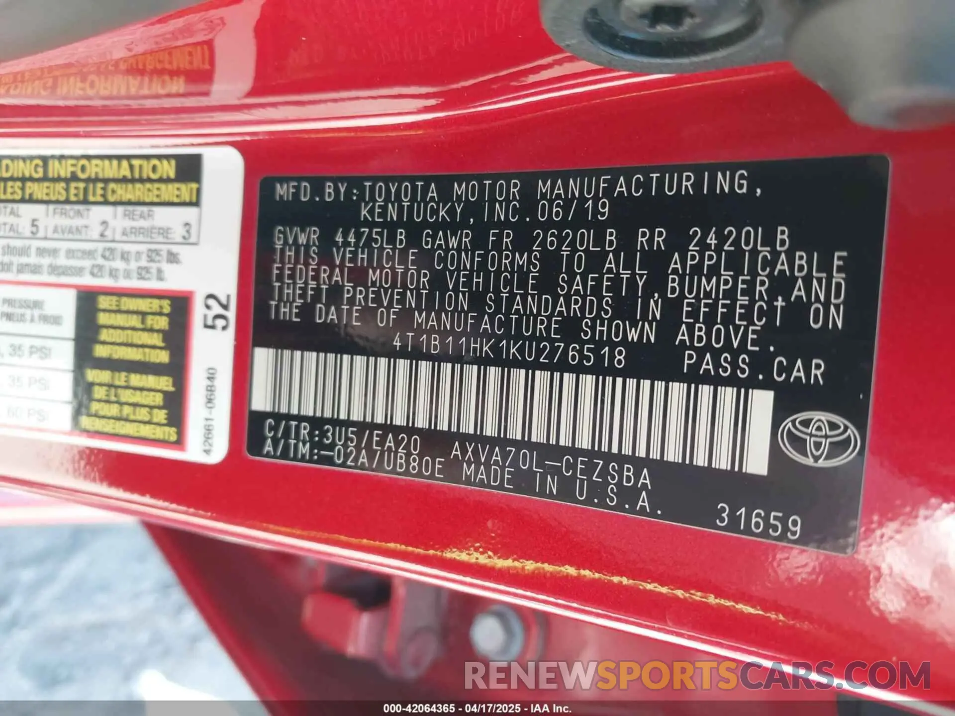 9 Photograph of a damaged car 4T1B11HK1KU276518 TOYOTA CAMRY 2019