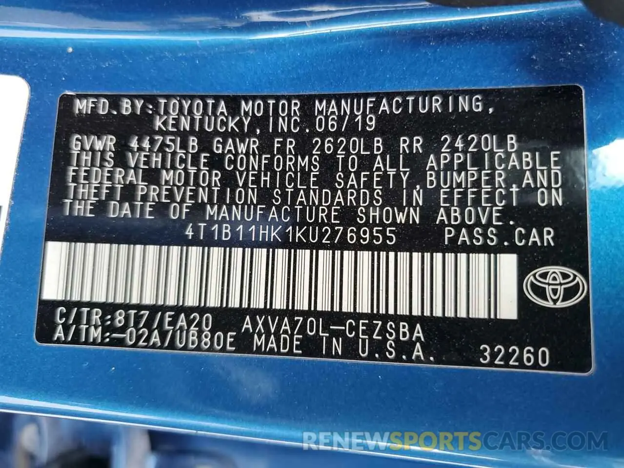 12 Photograph of a damaged car 4T1B11HK1KU276955 TOYOTA CAMRY 2019