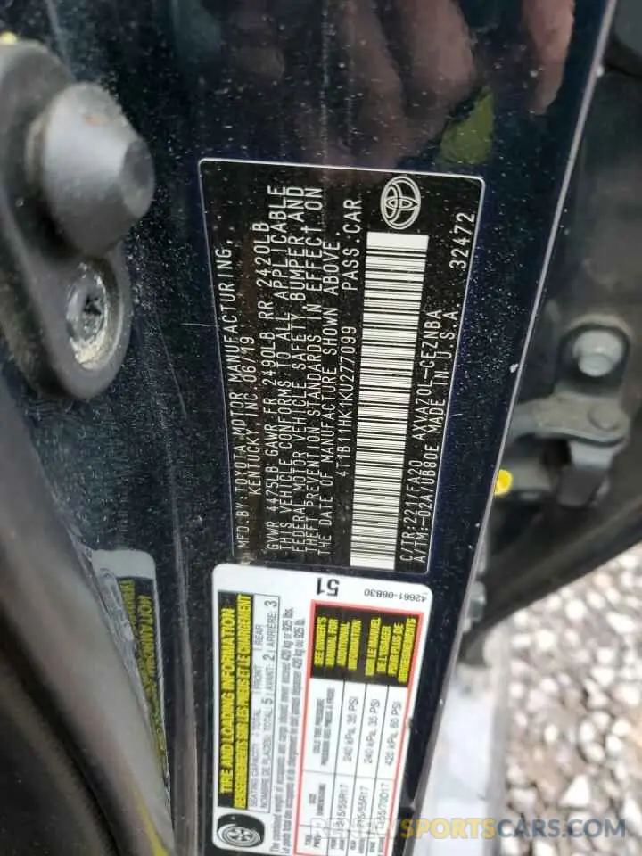 12 Photograph of a damaged car 4T1B11HK1KU277099 TOYOTA CAMRY 2019