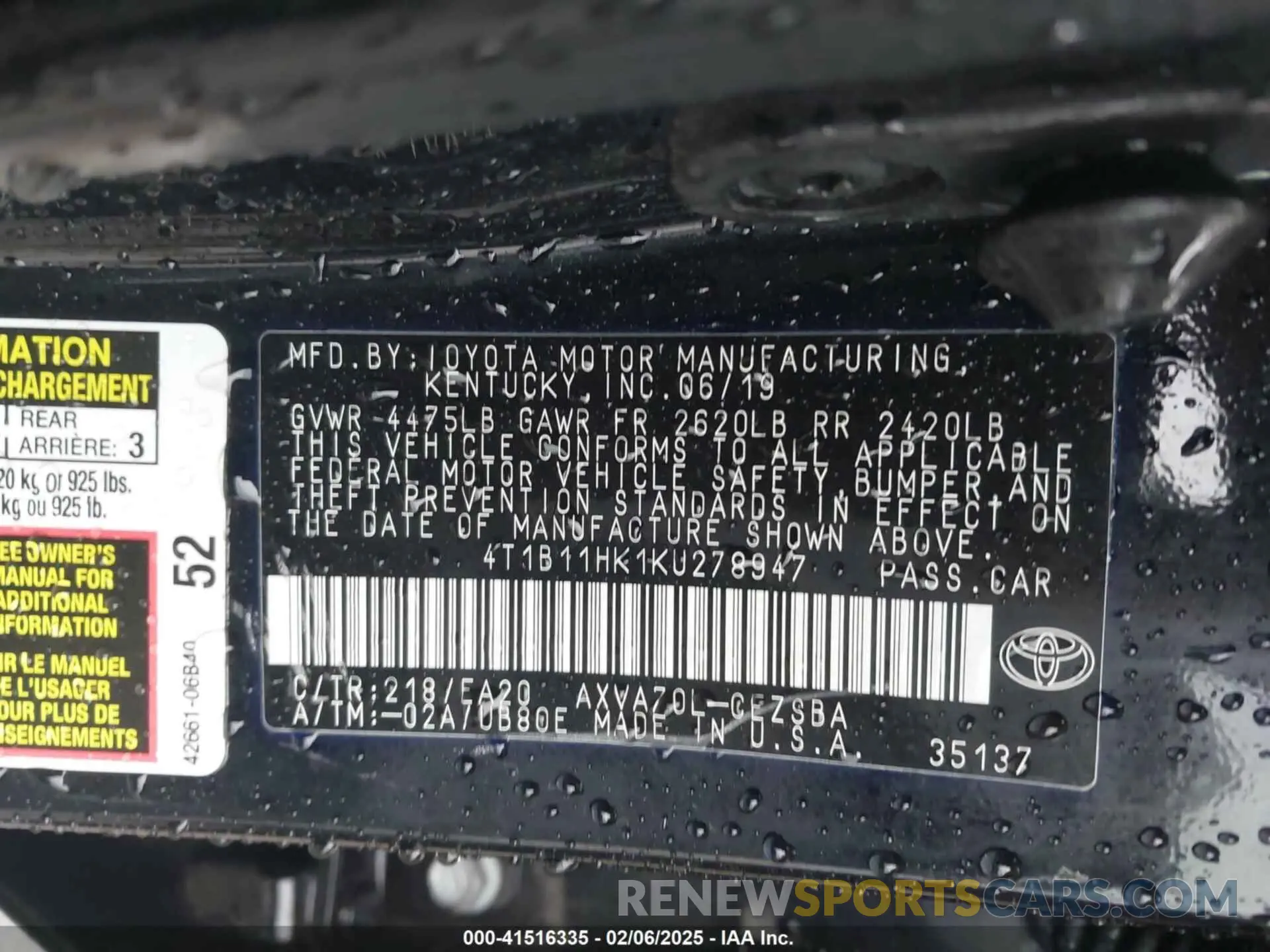 9 Photograph of a damaged car 4T1B11HK1KU278947 TOYOTA CAMRY 2019