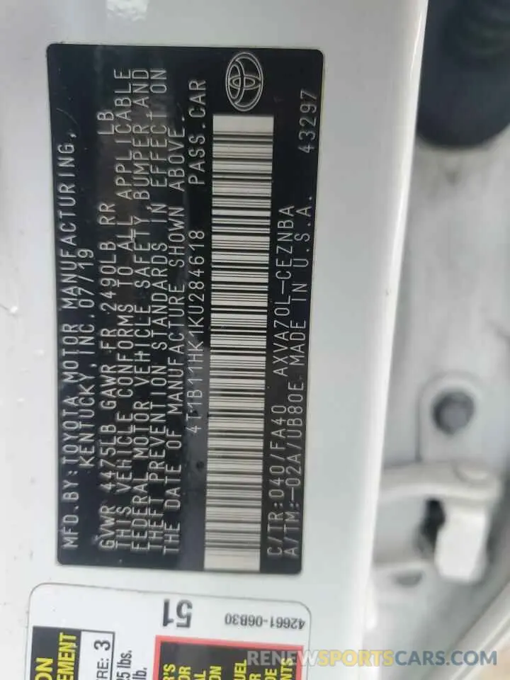 12 Photograph of a damaged car 4T1B11HK1KU284618 TOYOTA CAMRY 2019
