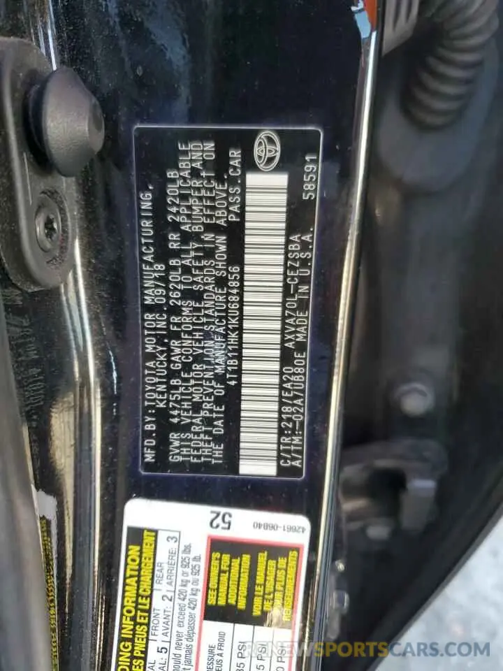 12 Photograph of a damaged car 4T1B11HK1KU684856 TOYOTA CAMRY 2019