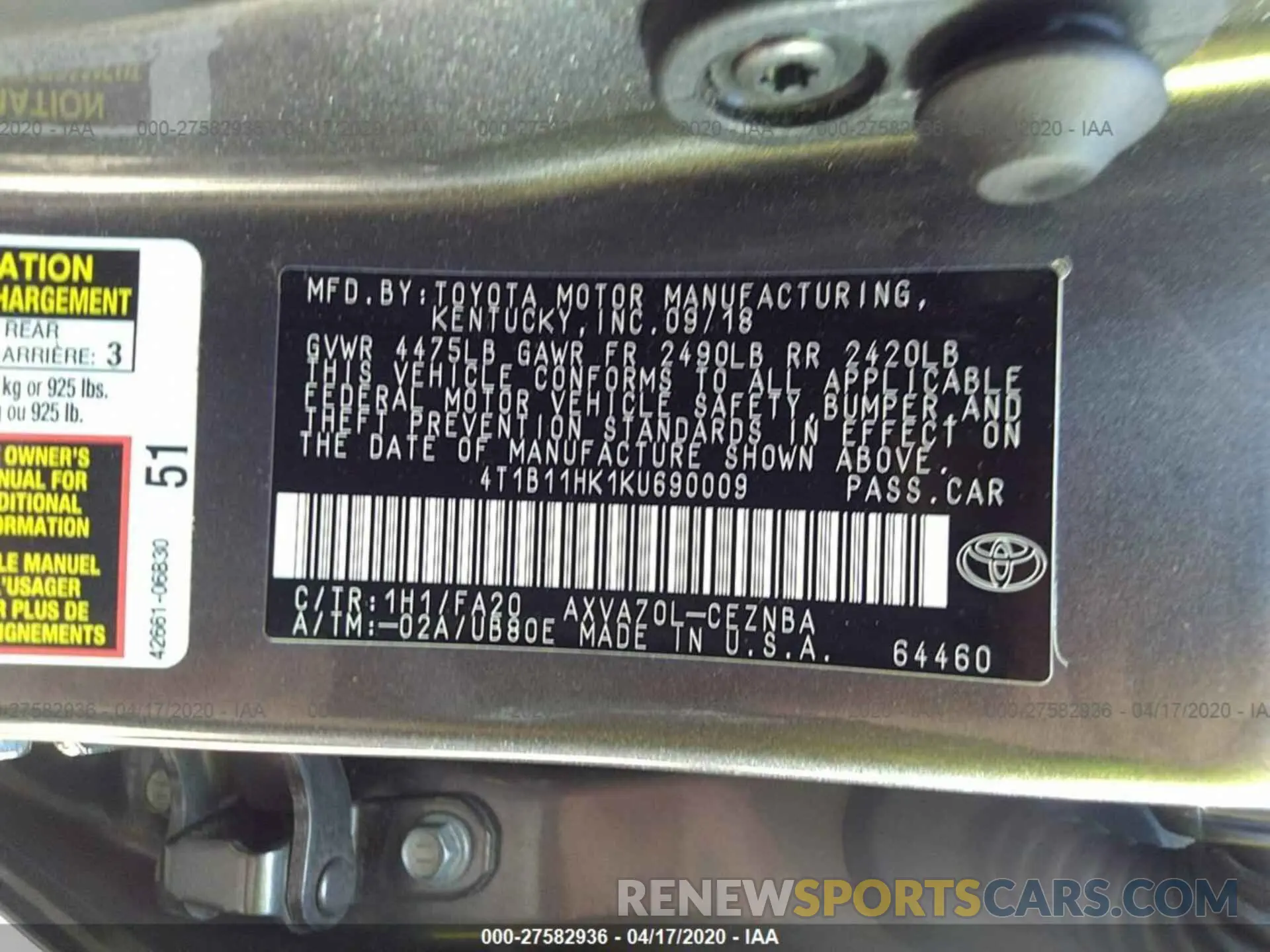9 Photograph of a damaged car 4T1B11HK1KU690009 TOYOTA CAMRY 2019