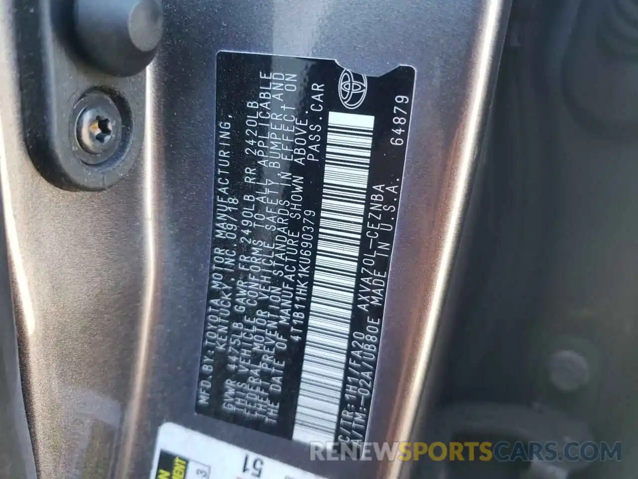 10 Photograph of a damaged car 4T1B11HK1KU690379 TOYOTA CAMRY 2019