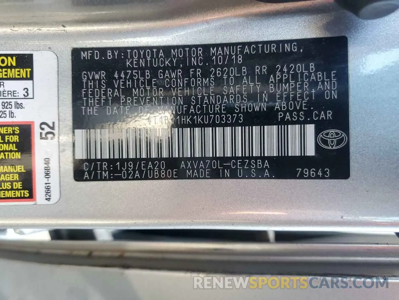12 Photograph of a damaged car 4T1B11HK1KU703373 TOYOTA CAMRY 2019