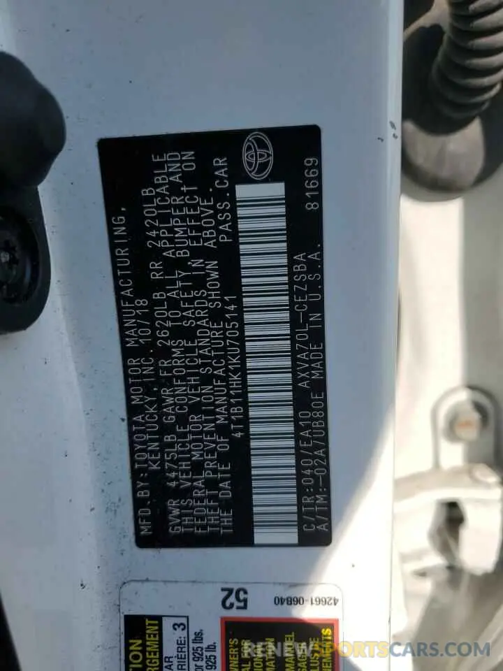 13 Photograph of a damaged car 4T1B11HK1KU705141 TOYOTA CAMRY 2019