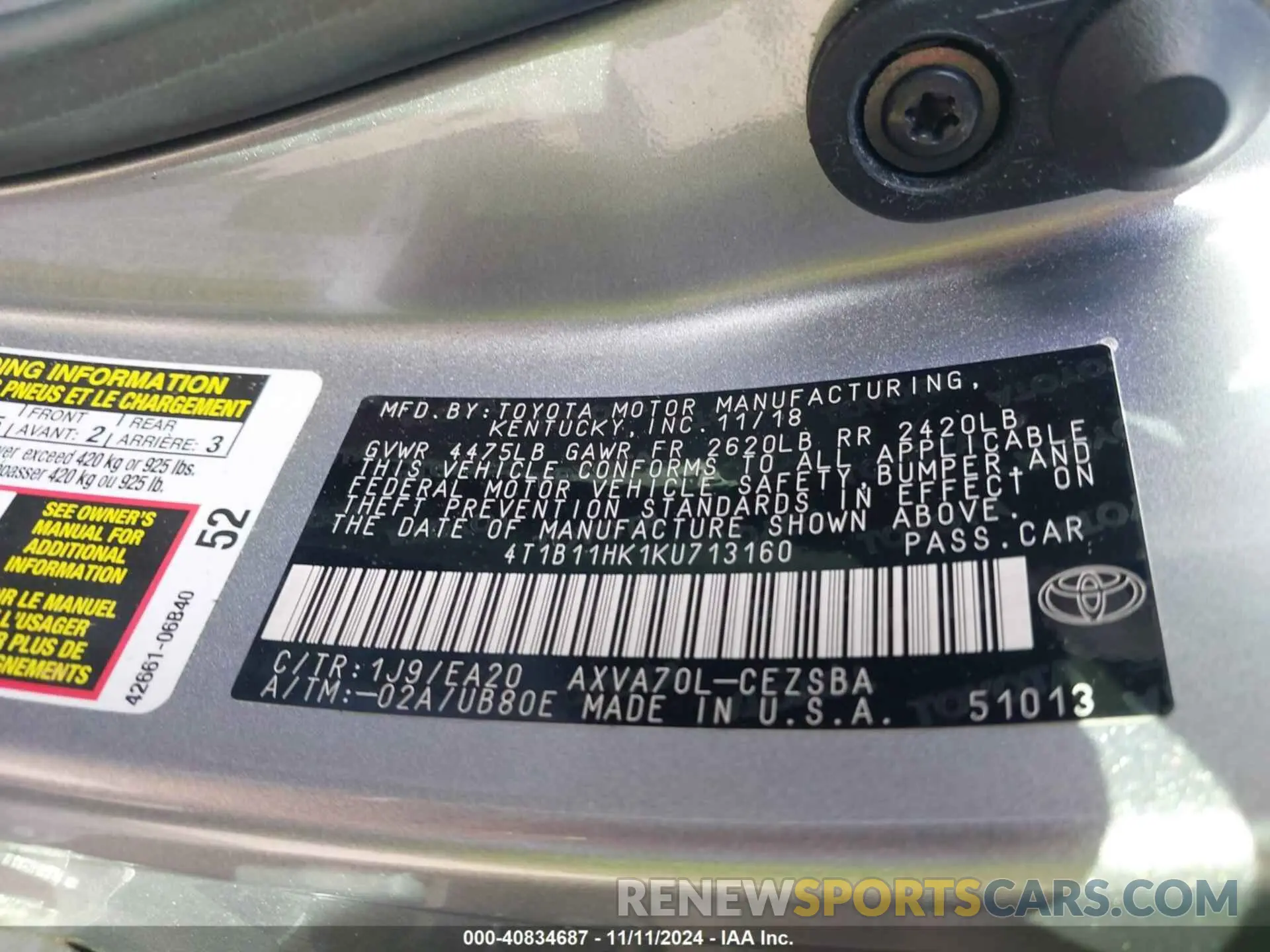 9 Photograph of a damaged car 4T1B11HK1KU713160 TOYOTA CAMRY 2019