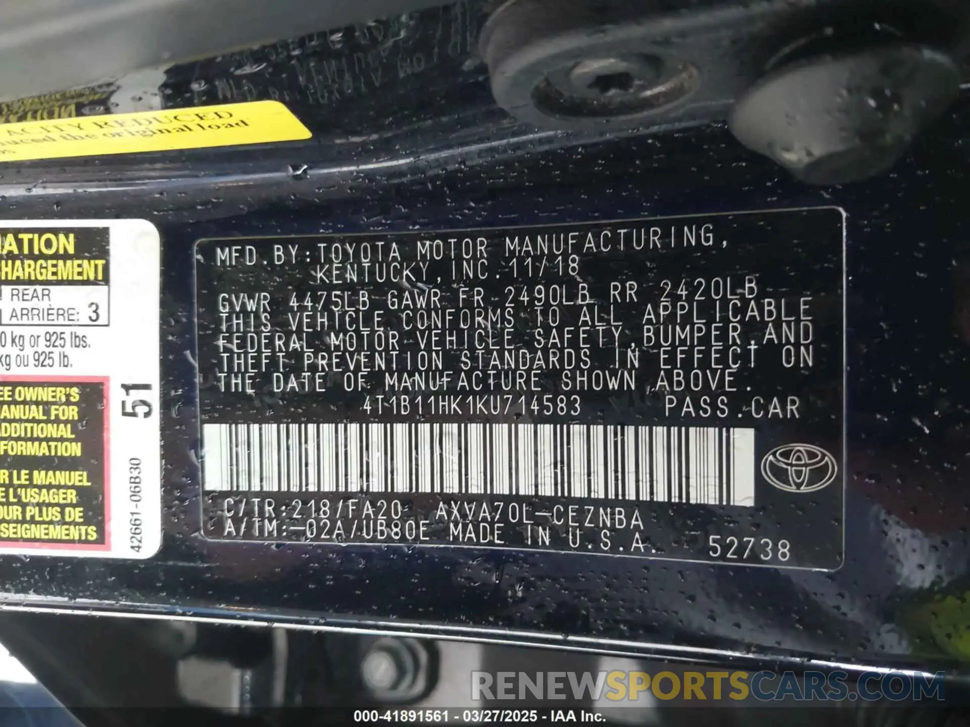 9 Photograph of a damaged car 4T1B11HK1KU714583 TOYOTA CAMRY 2019
