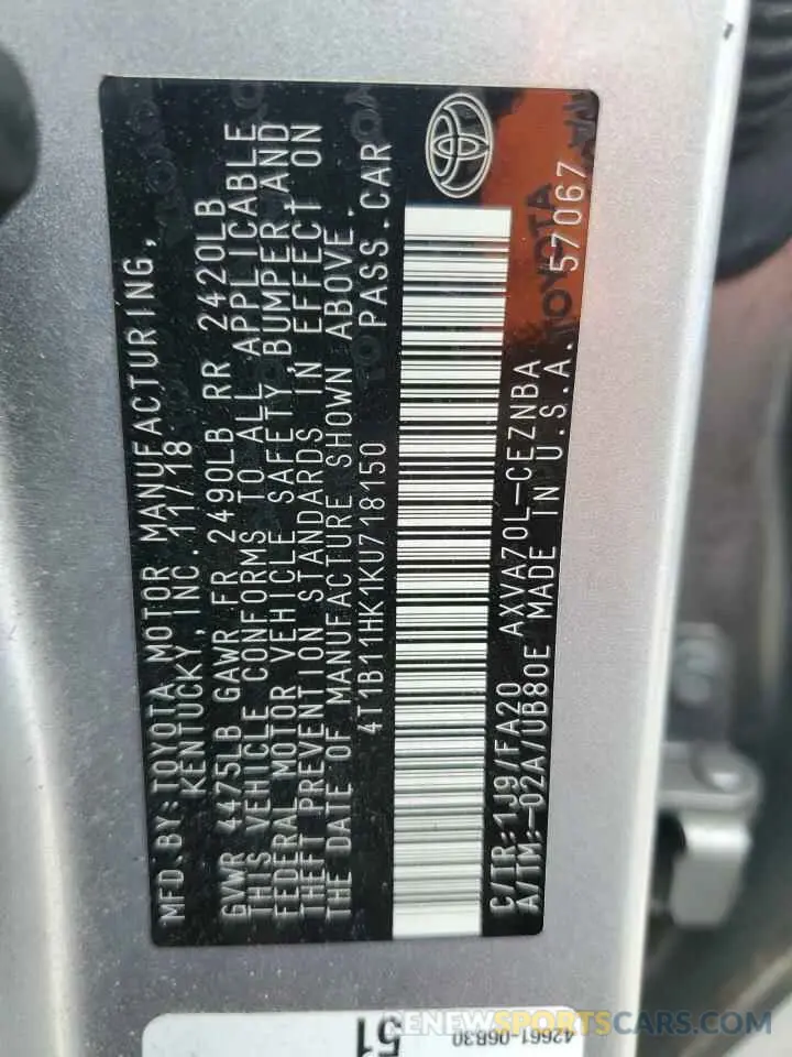 13 Photograph of a damaged car 4T1B11HK1KU718150 TOYOTA CAMRY 2019