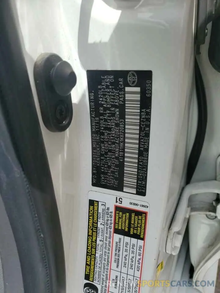 12 Photograph of a damaged car 4T1B11HK1KU720853 TOYOTA CAMRY 2019