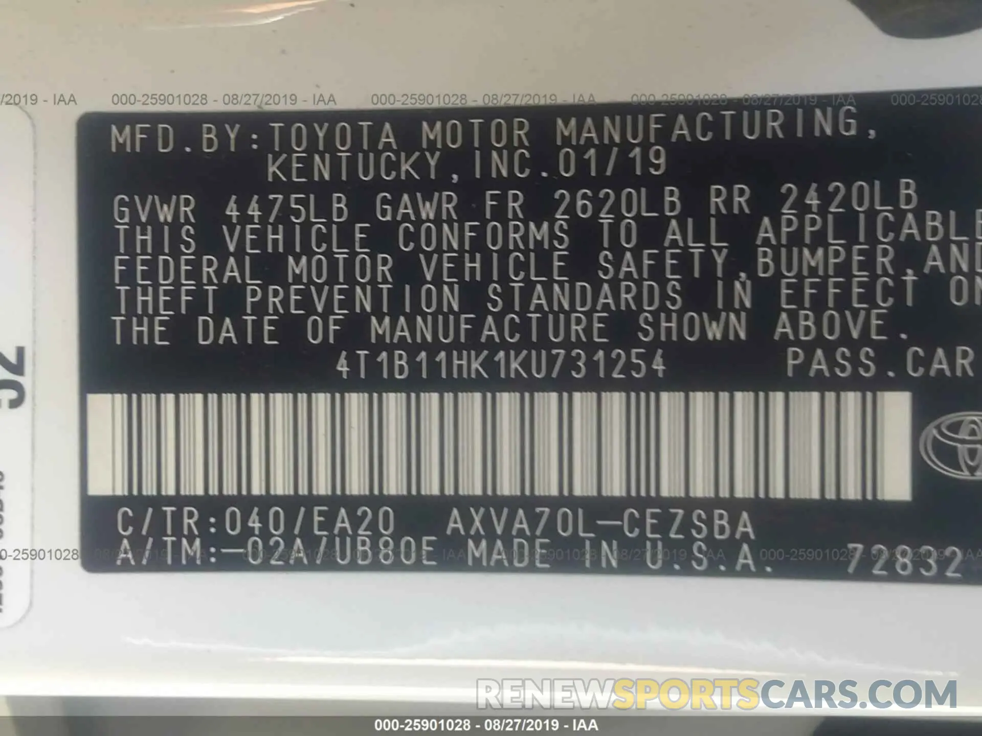 9 Photograph of a damaged car 4T1B11HK1KU731254 TOYOTA CAMRY 2019