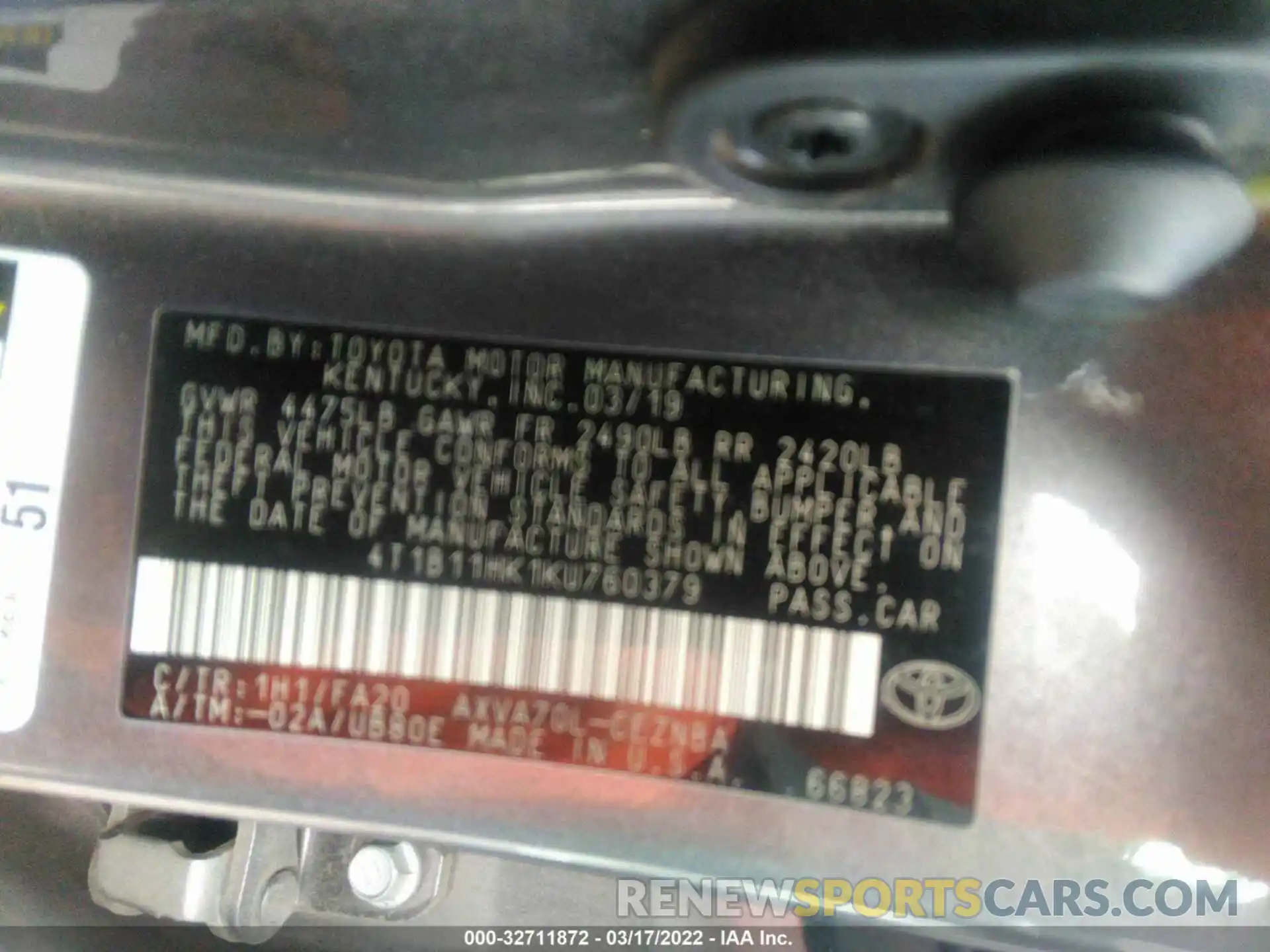 9 Photograph of a damaged car 4T1B11HK1KU760379 TOYOTA CAMRY 2019