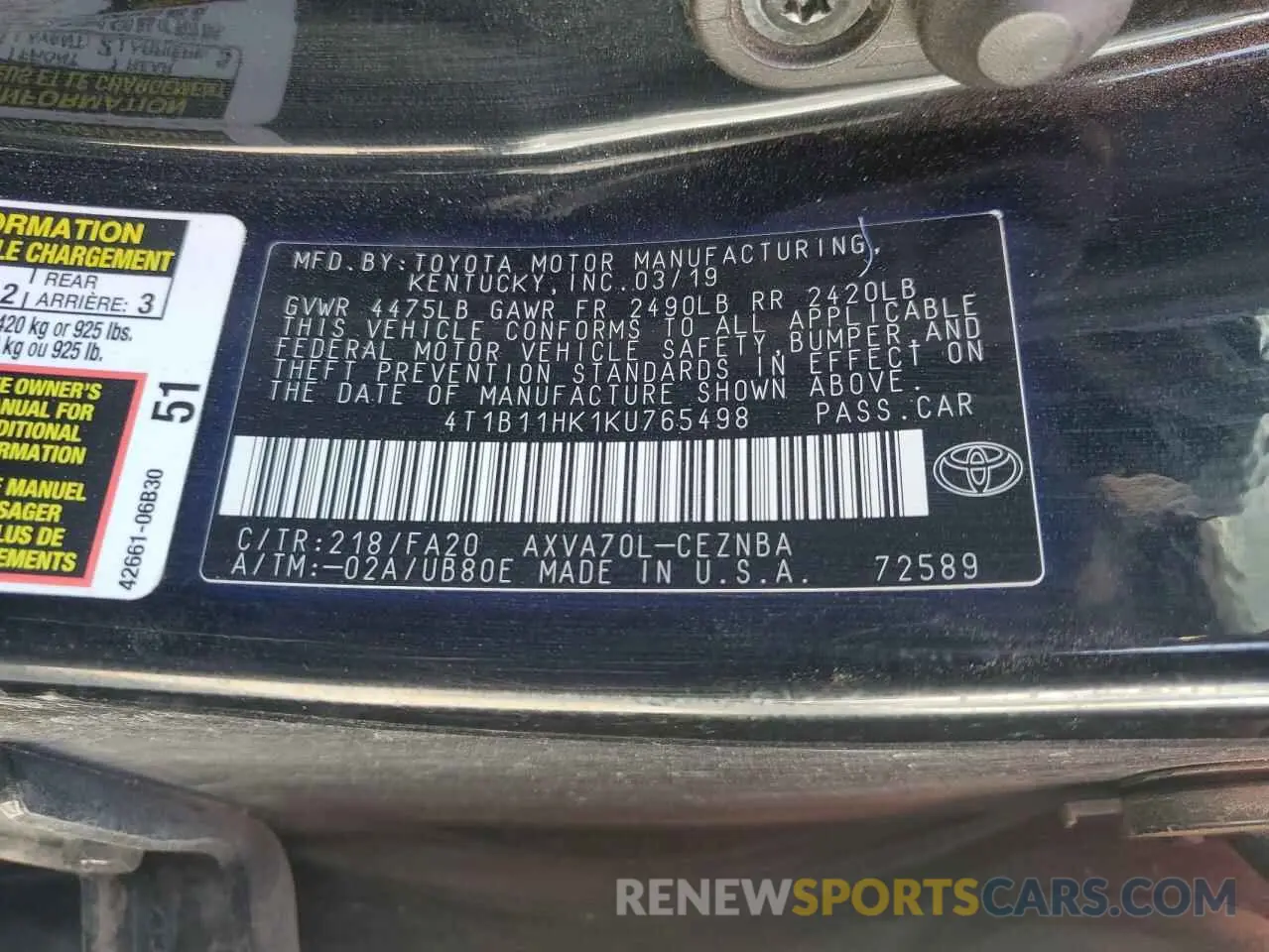 12 Photograph of a damaged car 4T1B11HK1KU765498 TOYOTA CAMRY 2019