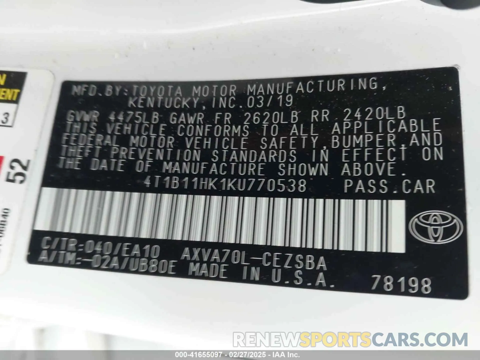 9 Photograph of a damaged car 4T1B11HK1KU770538 TOYOTA CAMRY 2019