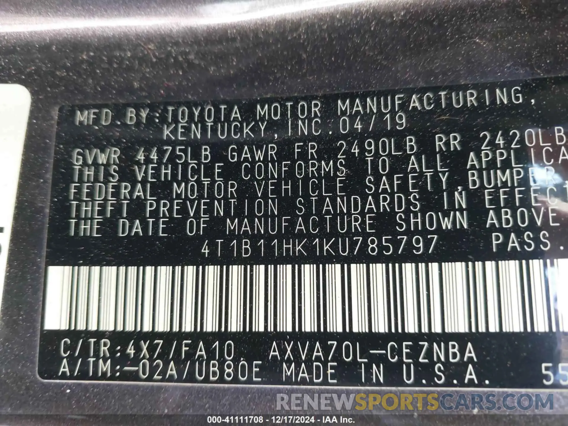 9 Photograph of a damaged car 4T1B11HK1KU785797 TOYOTA CAMRY 2019