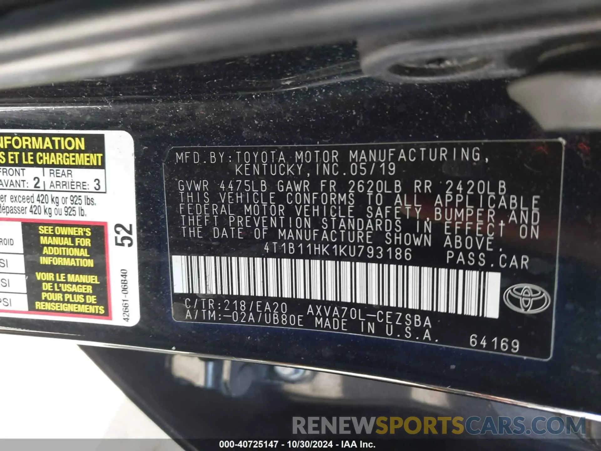 9 Photograph of a damaged car 4T1B11HK1KU793186 TOYOTA CAMRY 2019