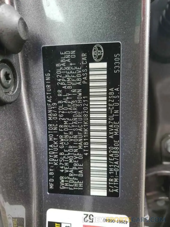 13 Photograph of a damaged car 4T1B11HK1KU820211 TOYOTA CAMRY 2019