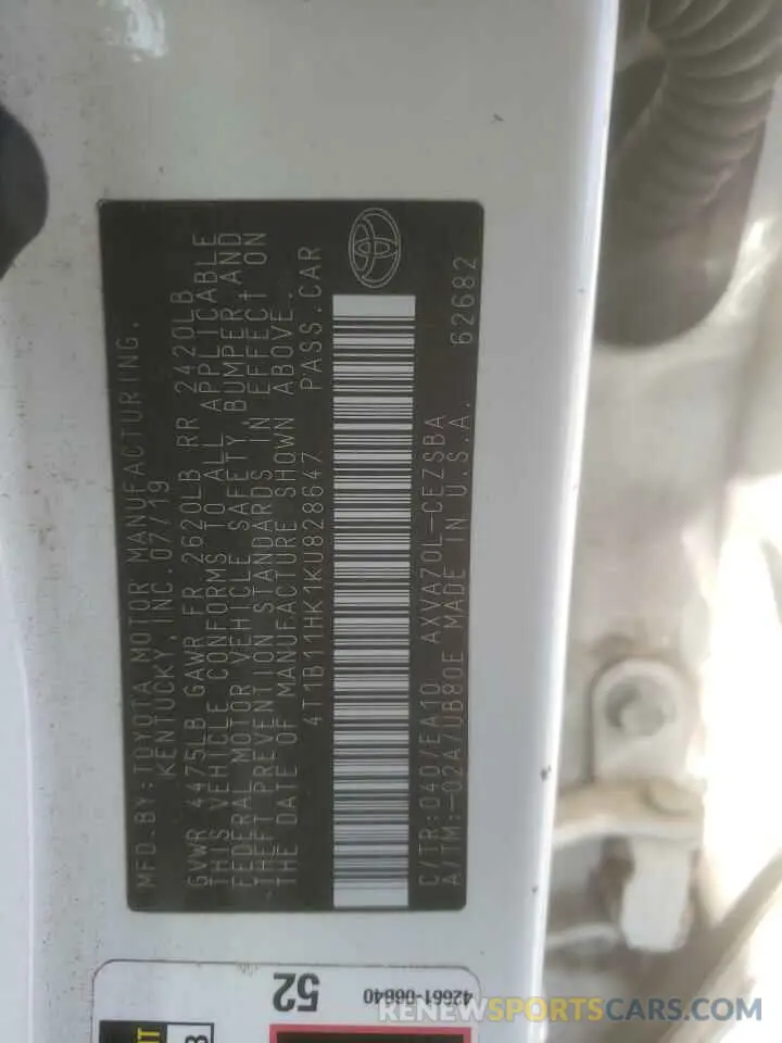 12 Photograph of a damaged car 4T1B11HK1KU828647 TOYOTA CAMRY 2019