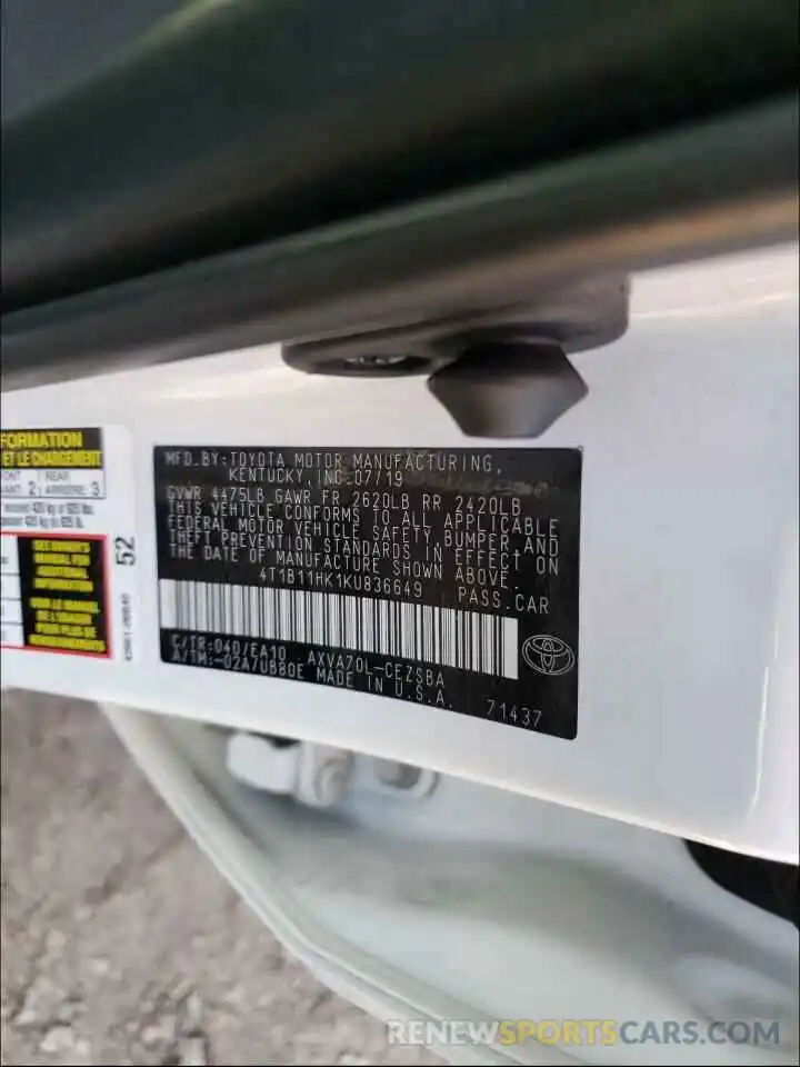 10 Photograph of a damaged car 4T1B11HK1KU836649 TOYOTA CAMRY 2019