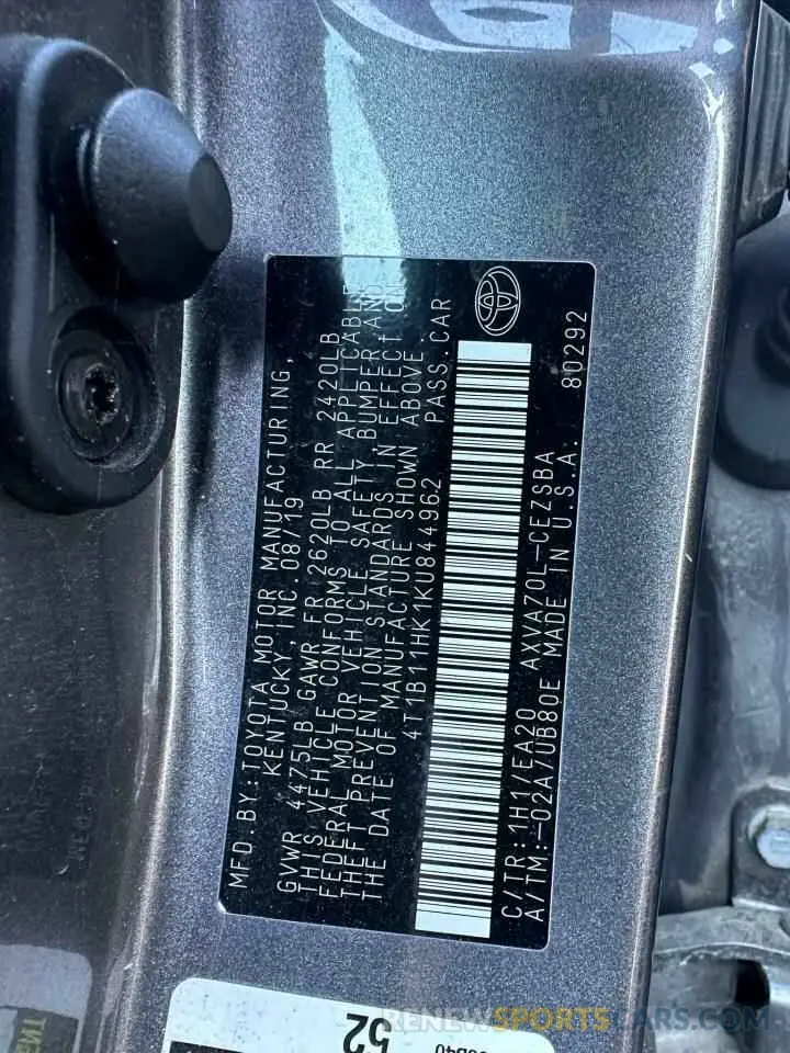 13 Photograph of a damaged car 4T1B11HK1KU844962 TOYOTA CAMRY 2019