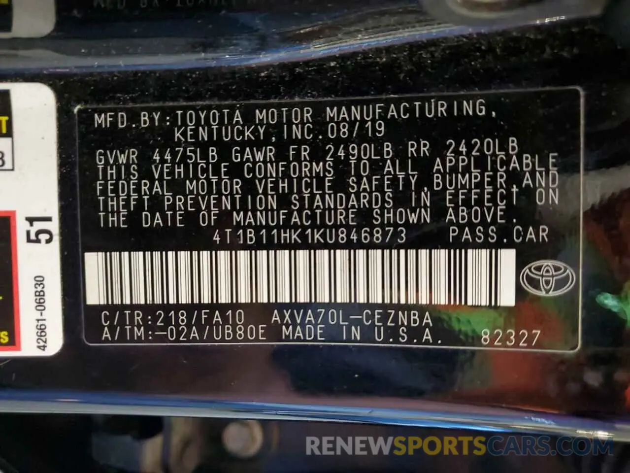 13 Photograph of a damaged car 4T1B11HK1KU846873 TOYOTA CAMRY 2019