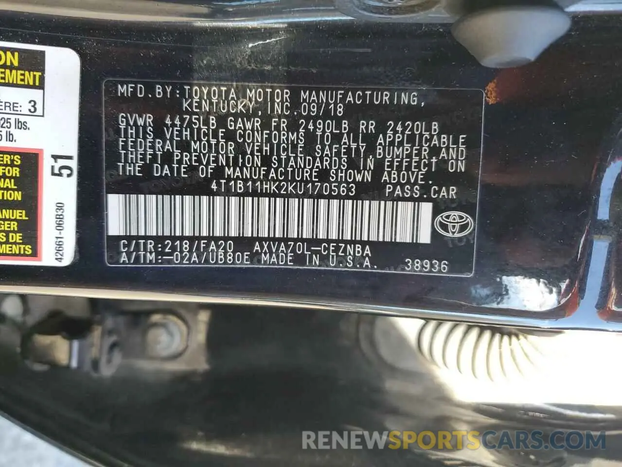 12 Photograph of a damaged car 4T1B11HK2KU170563 TOYOTA CAMRY 2019