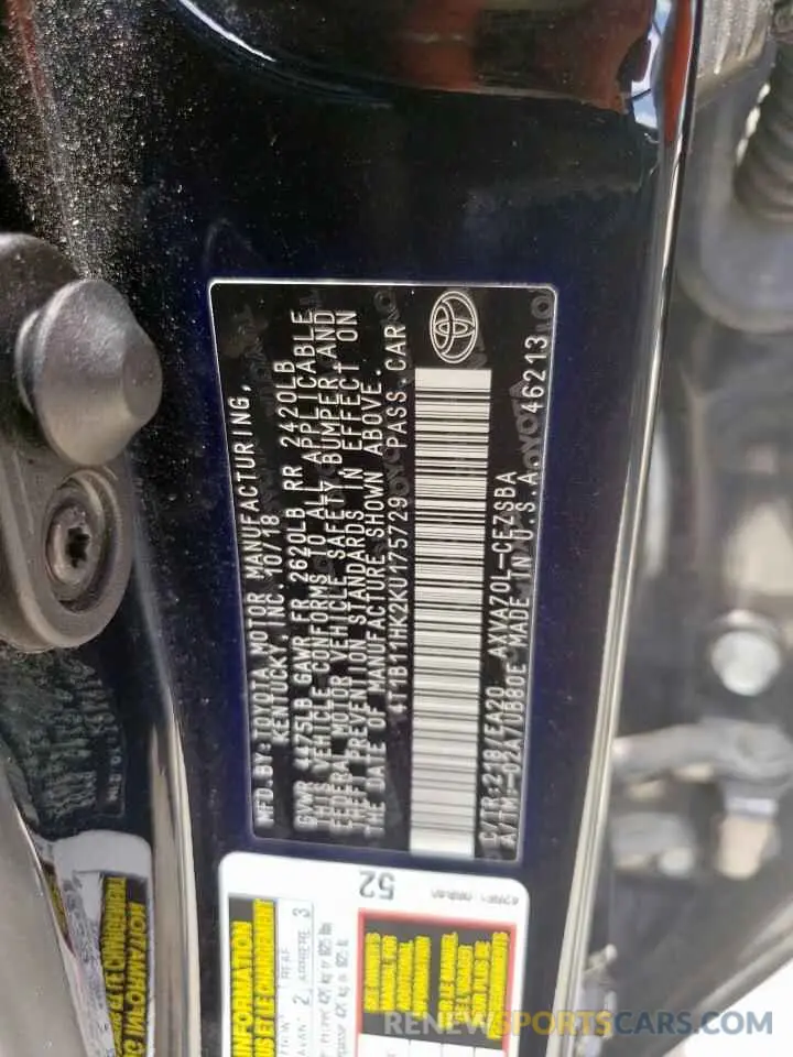 12 Photograph of a damaged car 4T1B11HK2KU175729 TOYOTA CAMRY 2019
