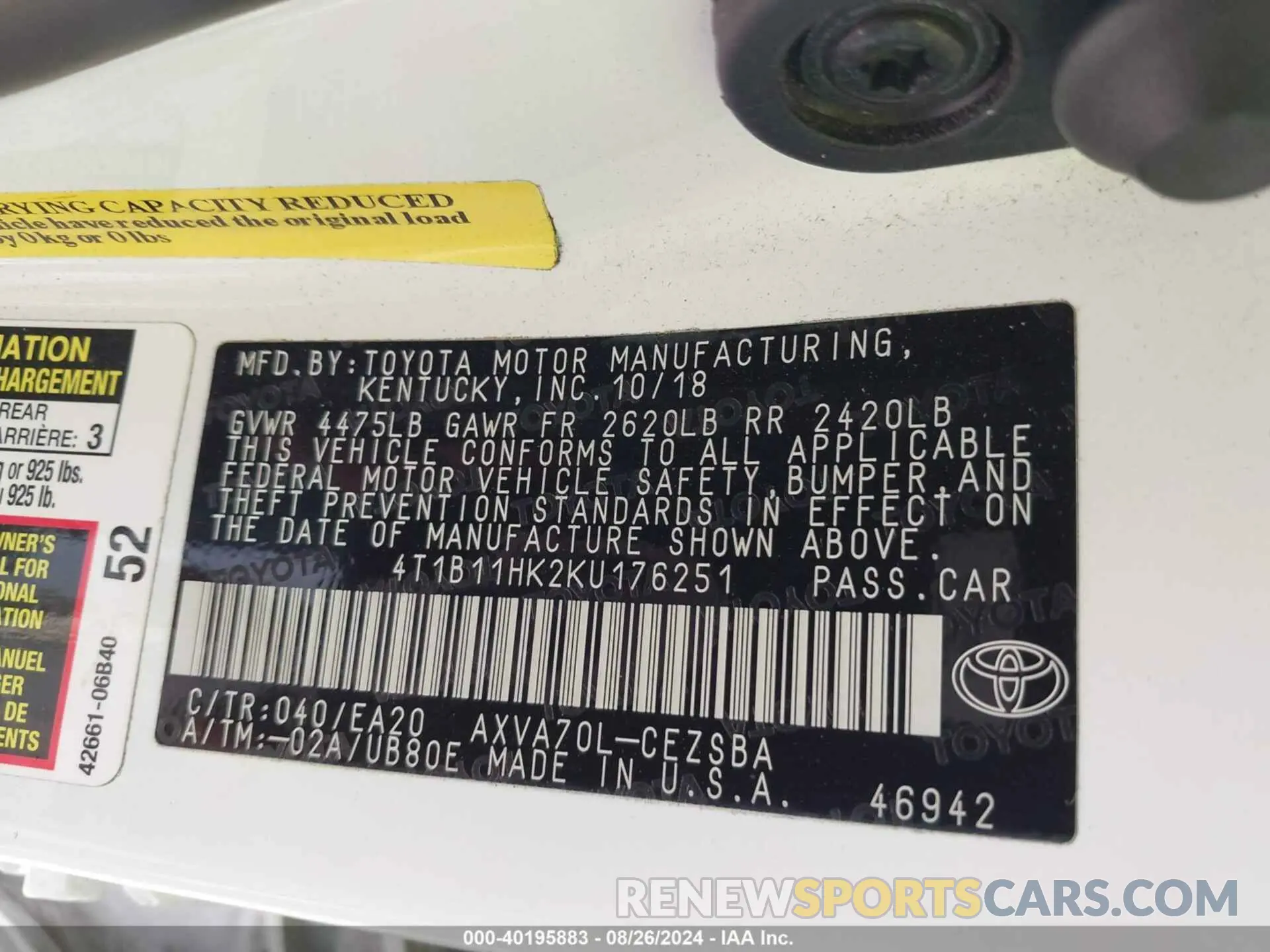 9 Photograph of a damaged car 4T1B11HK2KU176251 TOYOTA CAMRY 2019