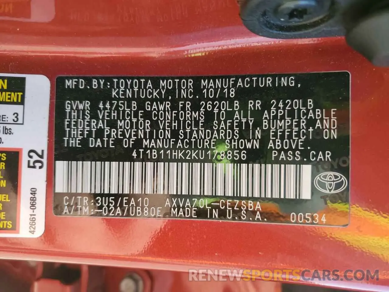 12 Photograph of a damaged car 4T1B11HK2KU178856 TOYOTA CAMRY 2019