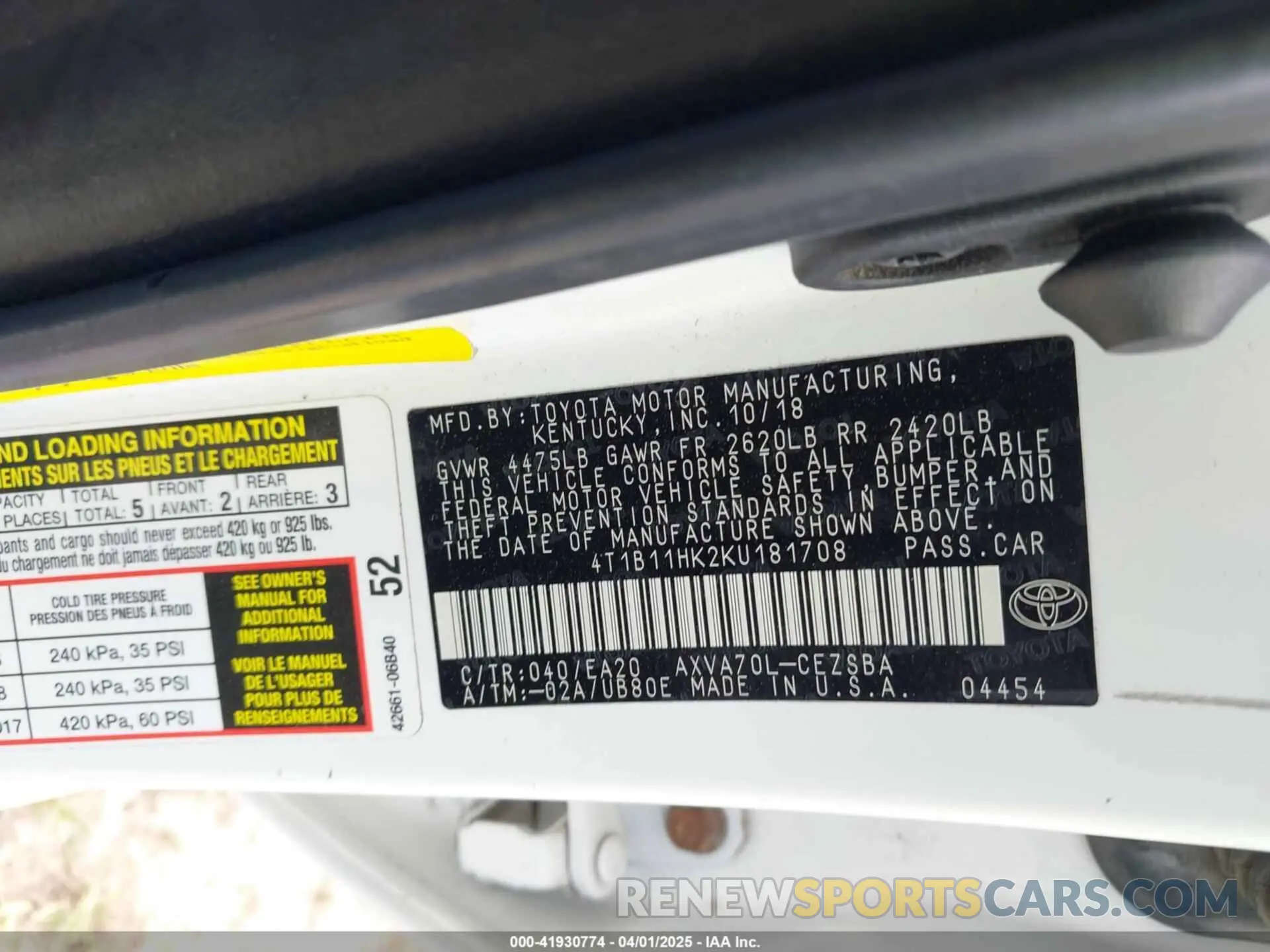 9 Photograph of a damaged car 4T1B11HK2KU181708 TOYOTA CAMRY 2019