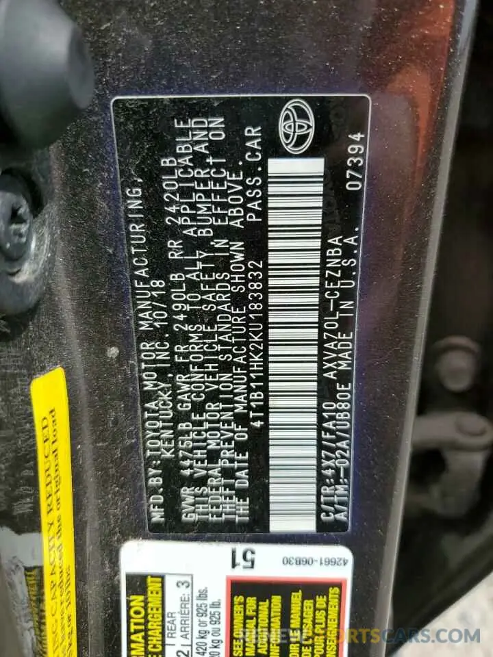 13 Photograph of a damaged car 4T1B11HK2KU183832 TOYOTA CAMRY 2019