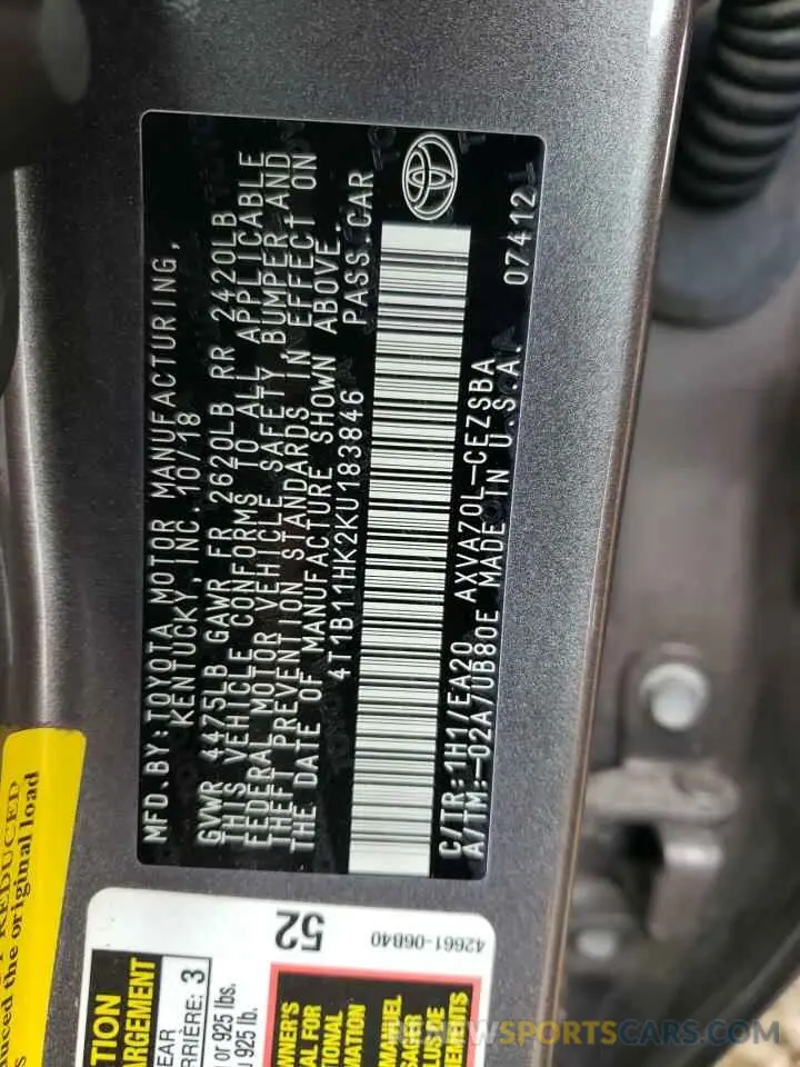 13 Photograph of a damaged car 4T1B11HK2KU183846 TOYOTA CAMRY 2019