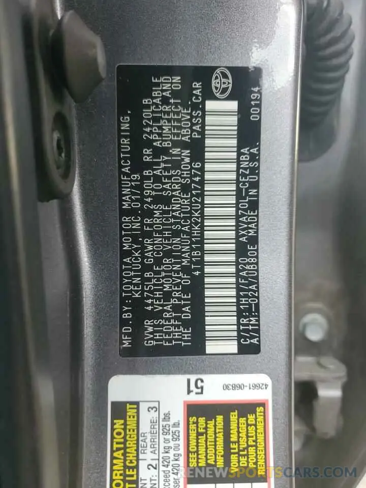12 Photograph of a damaged car 4T1B11HK2KU217476 TOYOTA CAMRY 2019