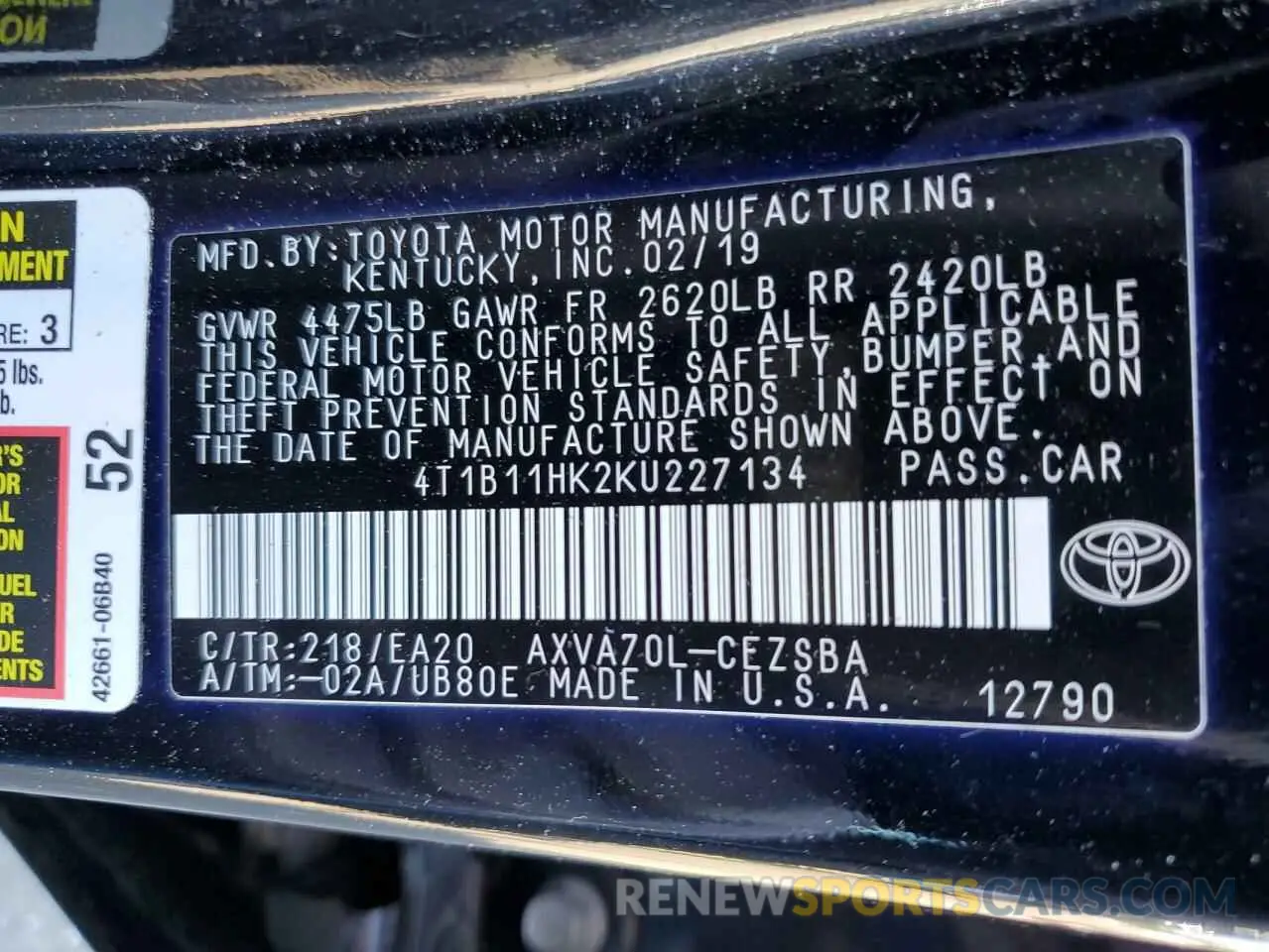 13 Photograph of a damaged car 4T1B11HK2KU227134 TOYOTA CAMRY 2019