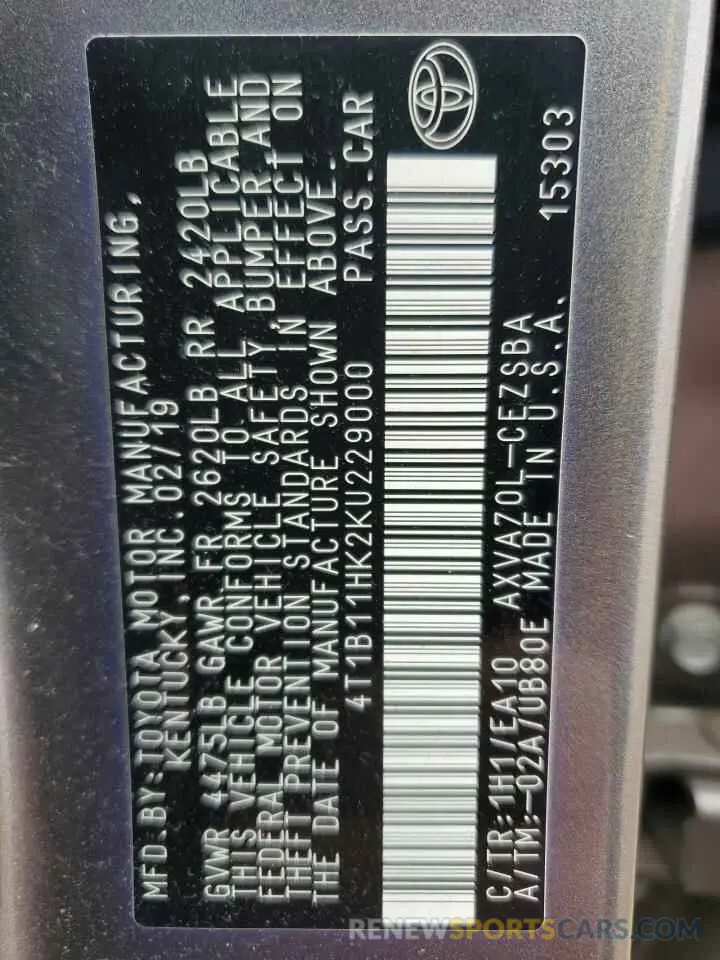 12 Photograph of a damaged car 4T1B11HK2KU229000 TOYOTA CAMRY 2019