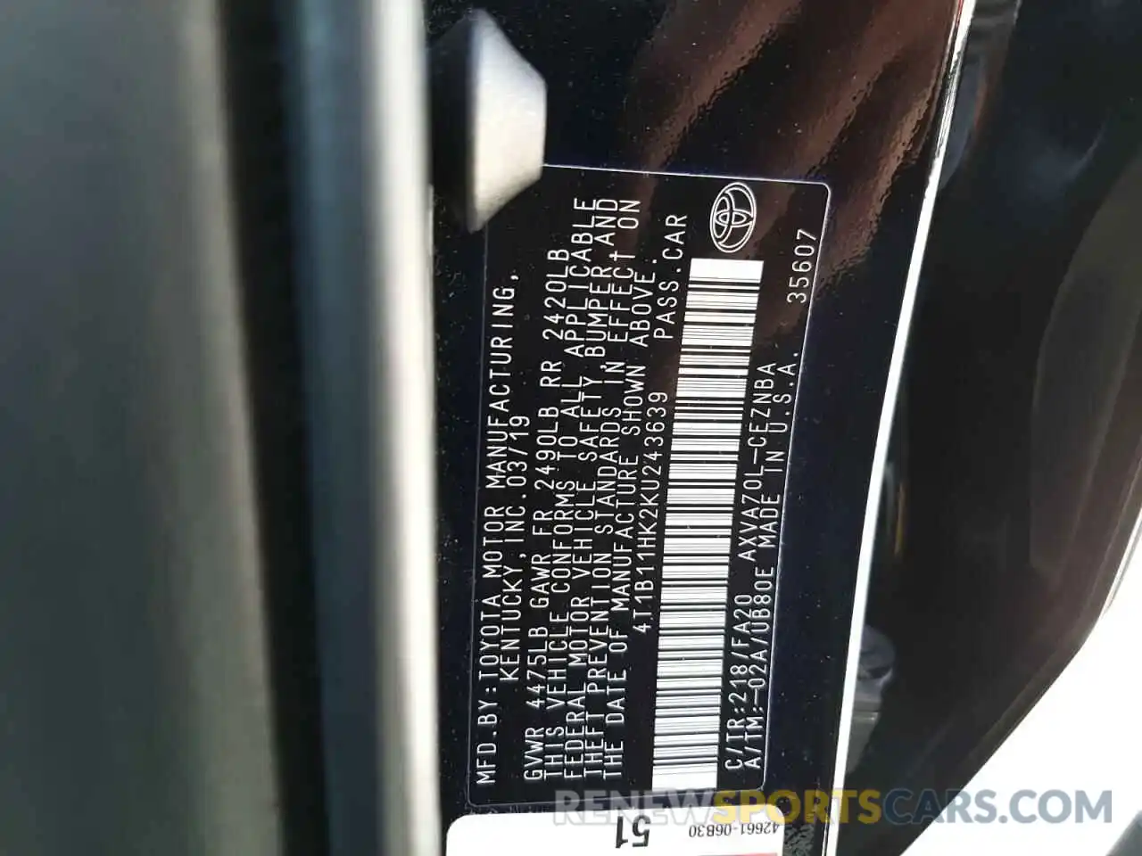 10 Photograph of a damaged car 4T1B11HK2KU243639 TOYOTA CAMRY 2019