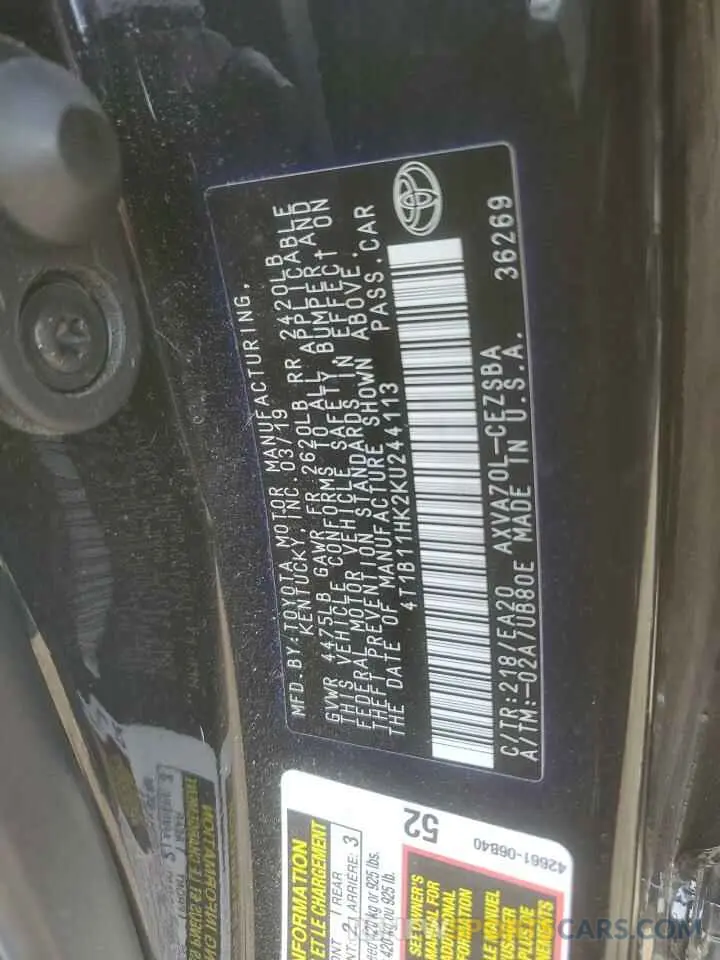 15 Photograph of a damaged car 4T1B11HK2KU244113 TOYOTA CAMRY 2019