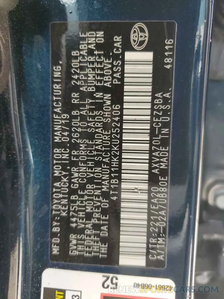 12 Photograph of a damaged car 4T1B11HK2KU252406 TOYOTA CAMRY 2019