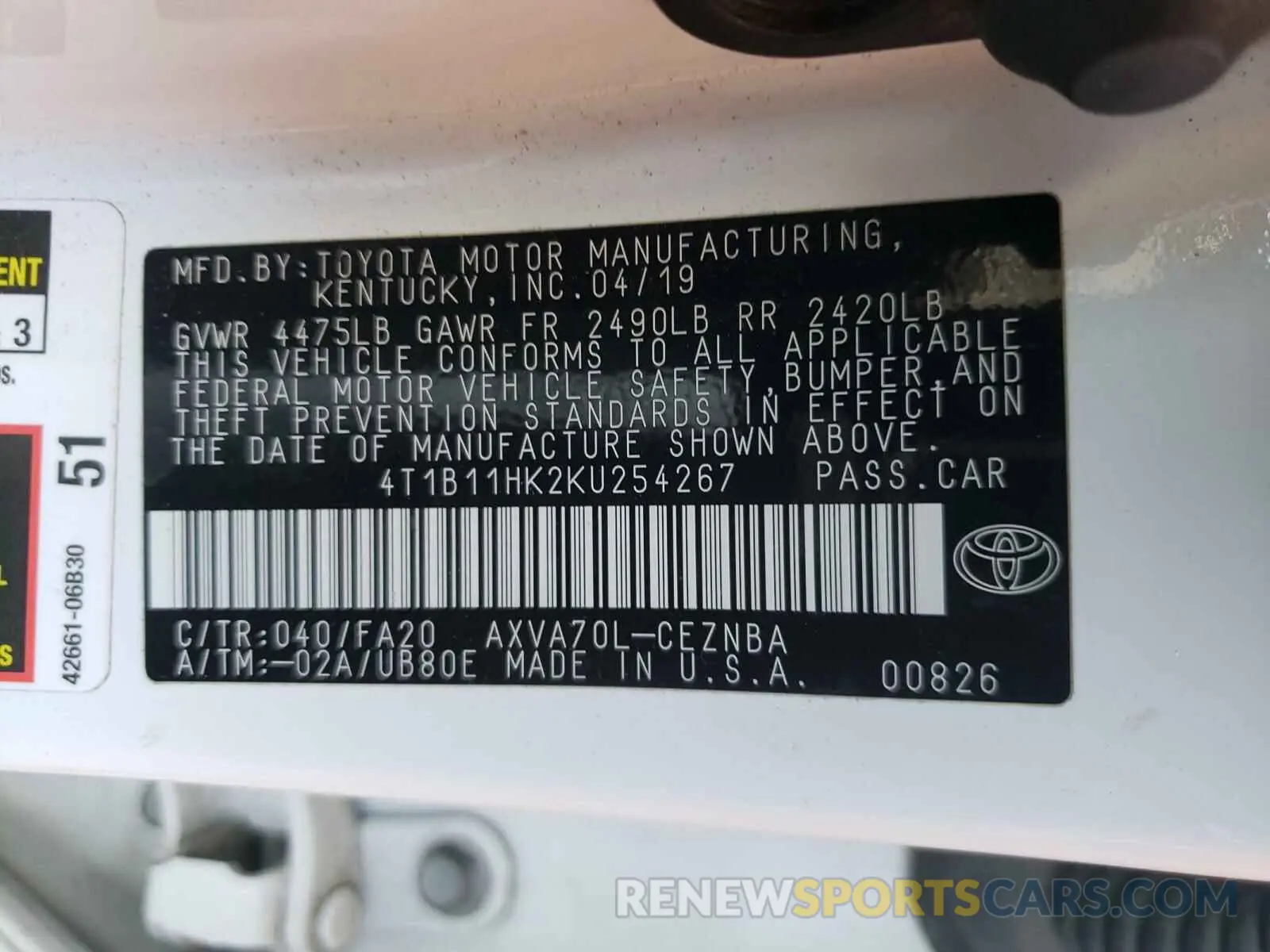 10 Photograph of a damaged car 4T1B11HK2KU254267 TOYOTA CAMRY 2019