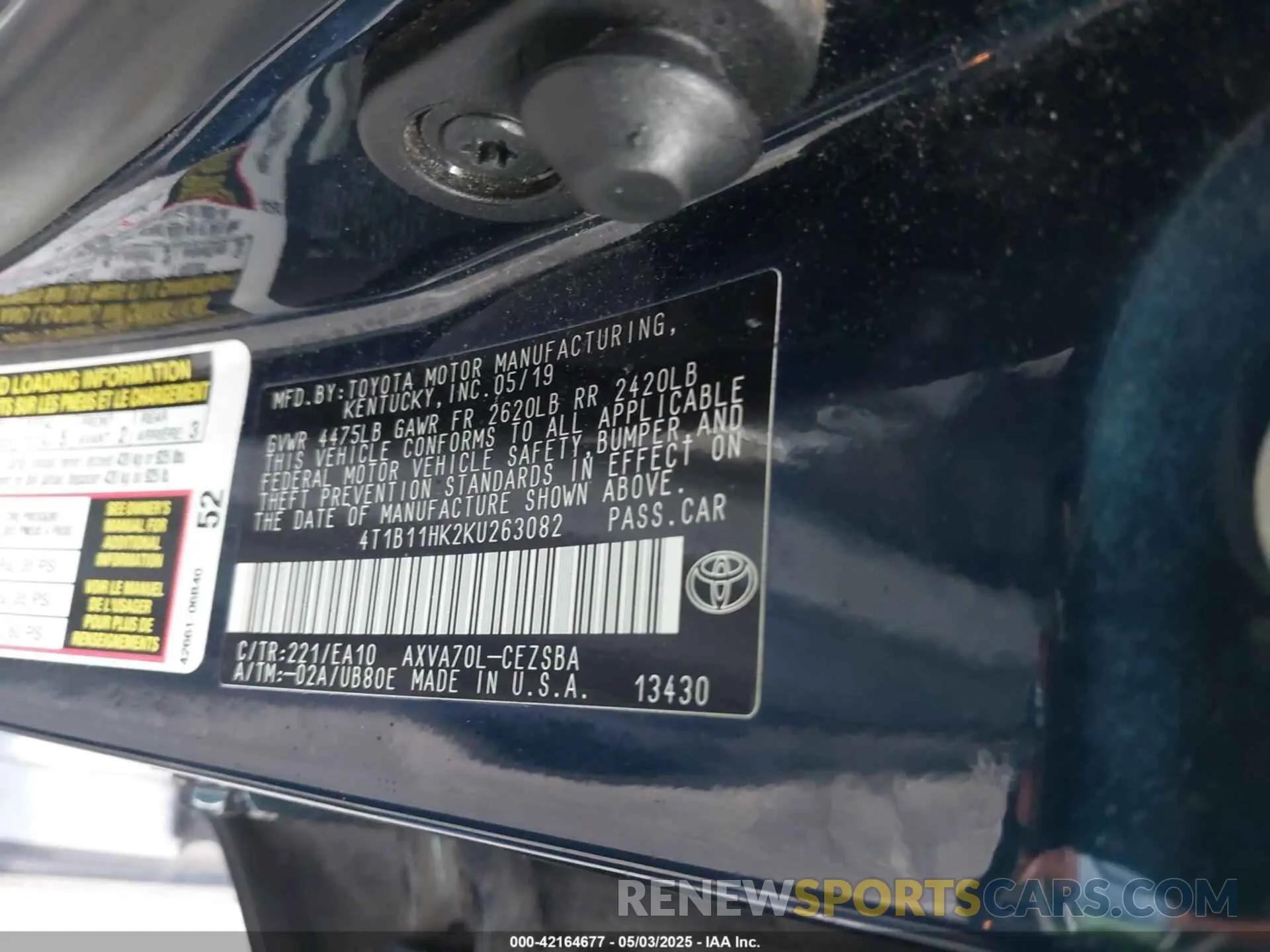 9 Photograph of a damaged car 4T1B11HK2KU263082 TOYOTA CAMRY 2019