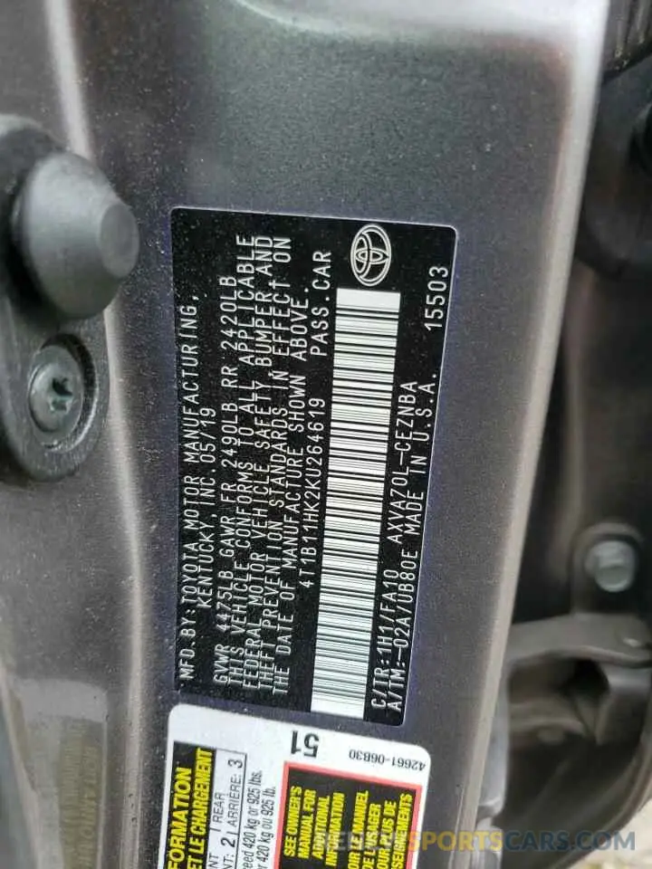 13 Photograph of a damaged car 4T1B11HK2KU264619 TOYOTA CAMRY 2019