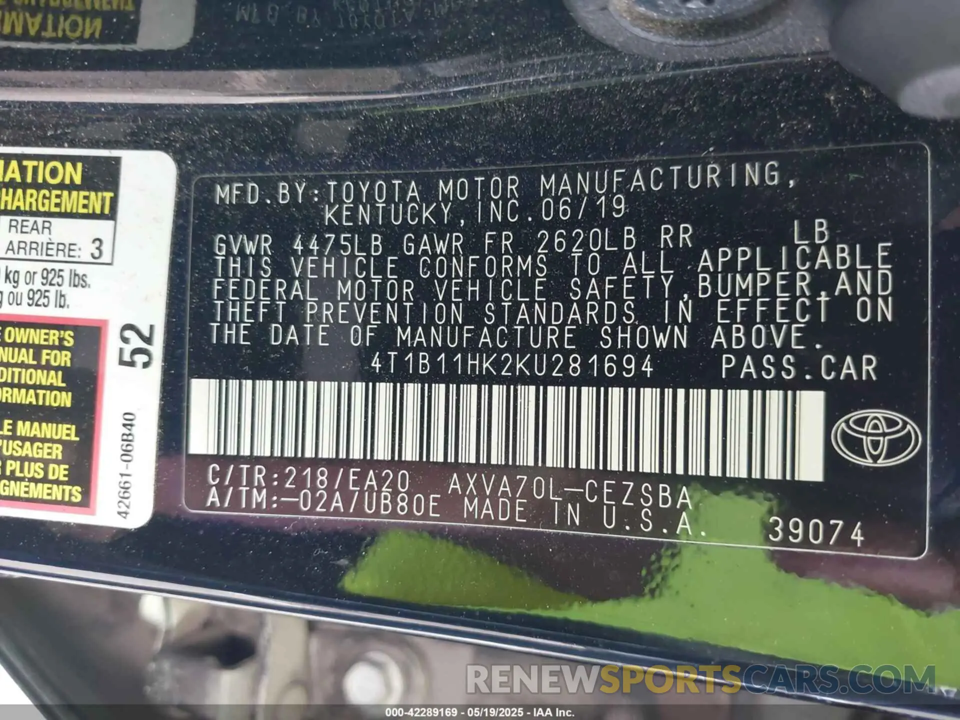 9 Photograph of a damaged car 4T1B11HK2KU281694 TOYOTA CAMRY 2019