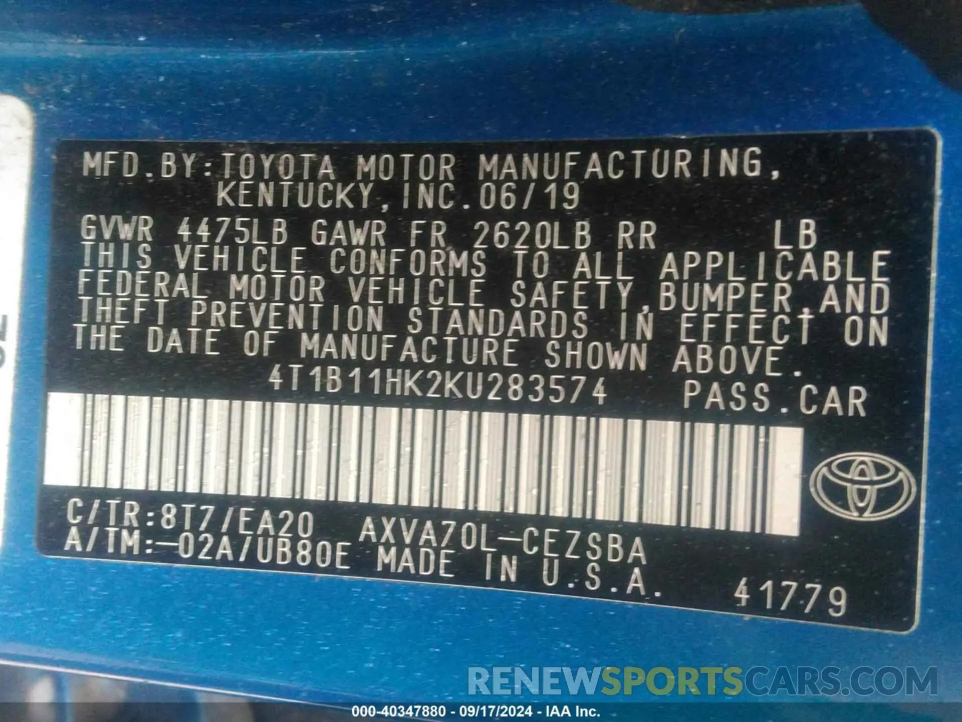 9 Photograph of a damaged car 4T1B11HK2KU283574 TOYOTA CAMRY 2019
