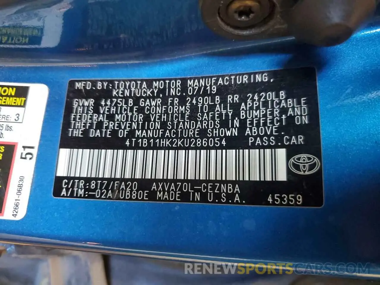 12 Photograph of a damaged car 4T1B11HK2KU286054 TOYOTA CAMRY 2019